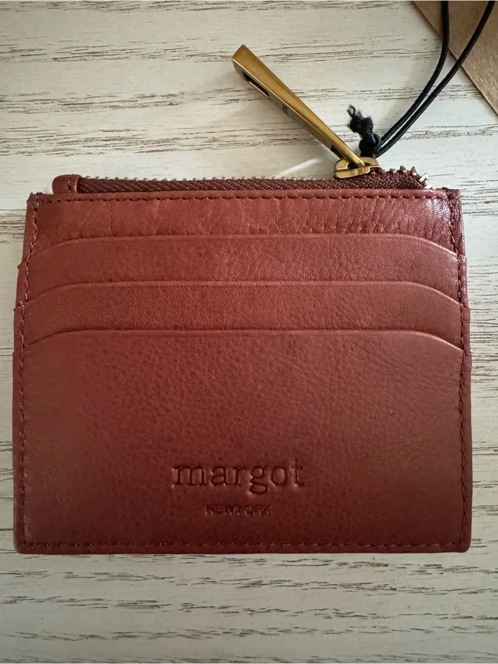 margot Leather Card Wallet in Rust Brown with Gold Zipper Pull